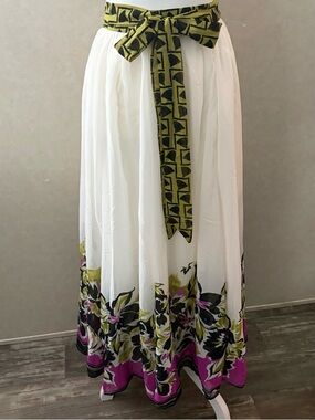 White Floral Border Maxi Skirt with Olive Tie Waist